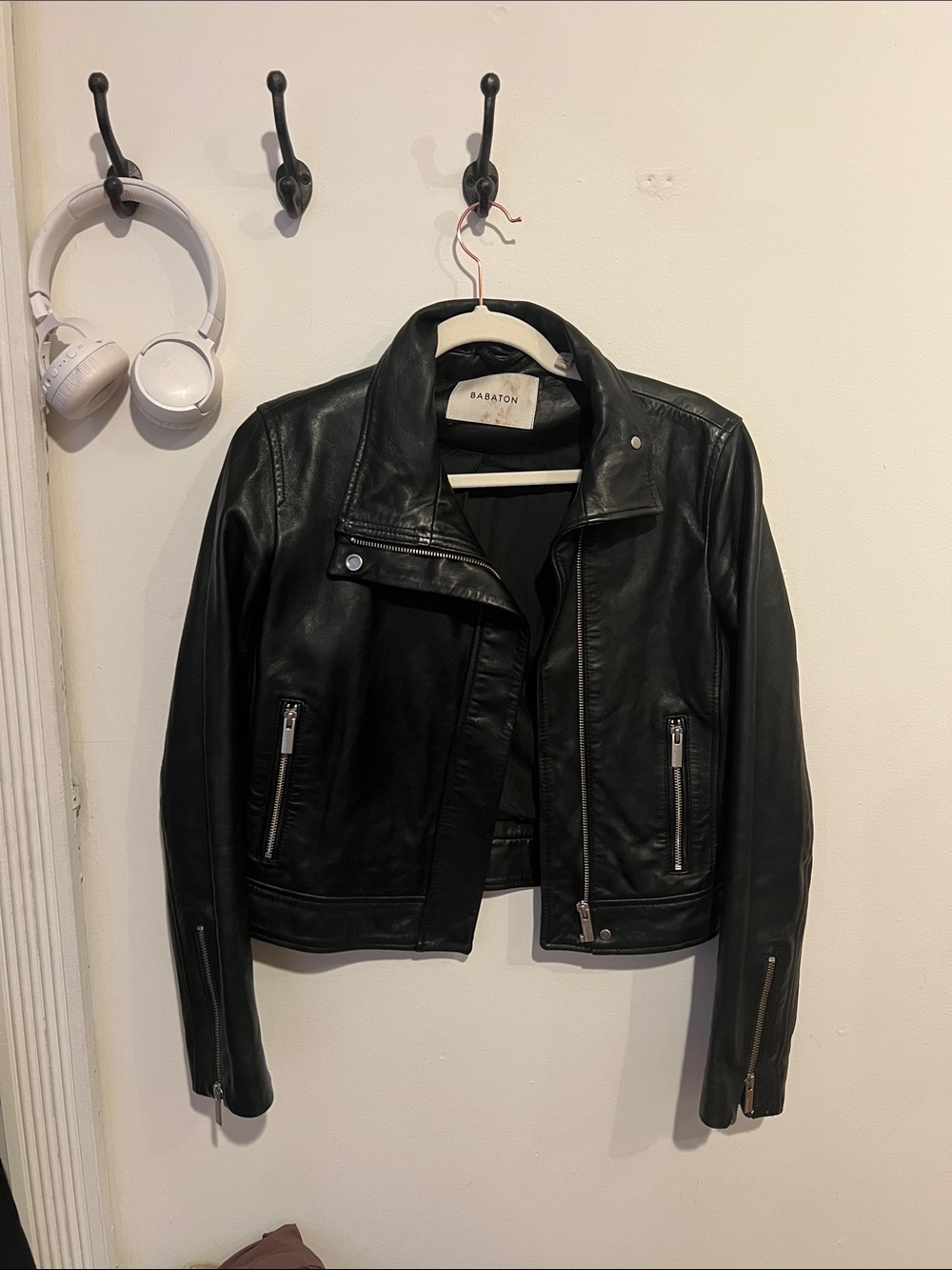 Babaton Black Leather Moto Jacket with Zip Details